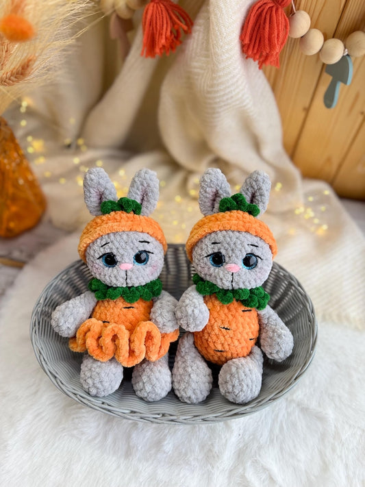 Crochet Bunny Decor in Carrot Outfit, Handmade Rabbit Ornament, Easter Bunny Decoration, Spring Shelf Decor, Bunny Lover Gift