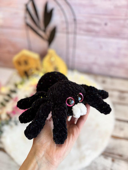 Crochet Black Spider Decor, Glitter Gothic Collectible, Halloween Shelf Decor, Spooky Desk Accessory, Handmade Gift