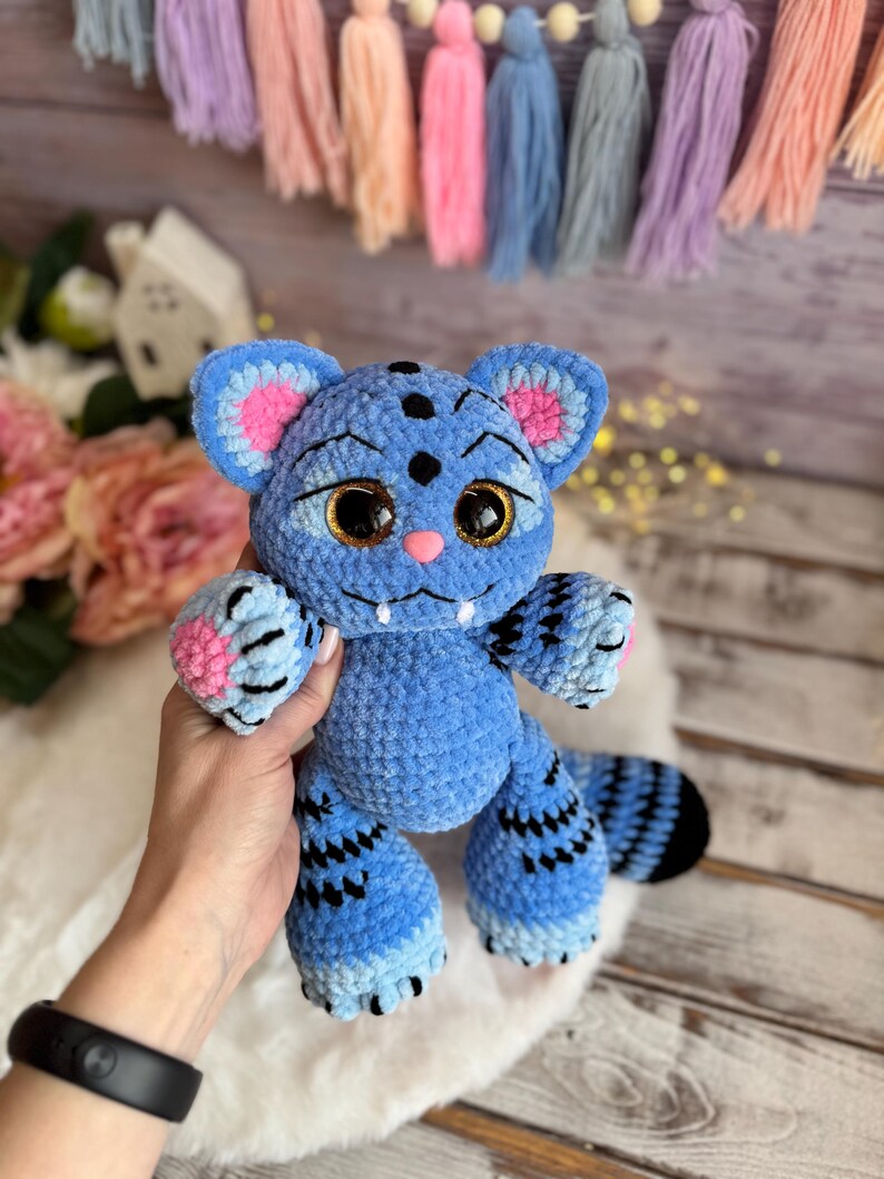 Fantasy Blue Tiger Decor, Crochet Tiger Ornament, Handmade Fantasy Animal Collectible, Shelf Decor, Tiger Lover Gift