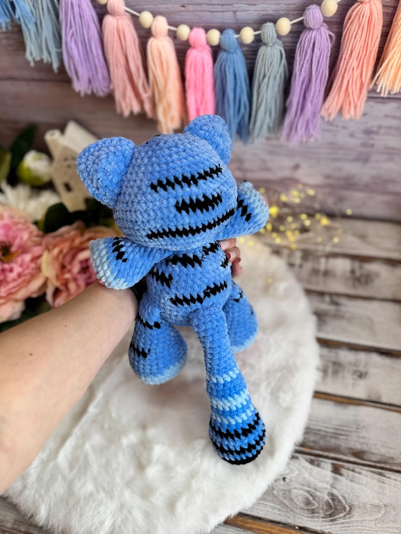 Fantasy Blue Tiger Decor, Crochet Tiger Ornament, Handmade Fantasy Animal Collectible, Shelf Decor, Tiger Lover Gift
