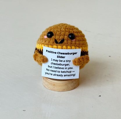 Positive Cheeseburger Slider, Knitted Cheeseburger Toy With Positive Card, Wool Inspirational Cheeseburger Slider Crochet Food Cheer Up Gift