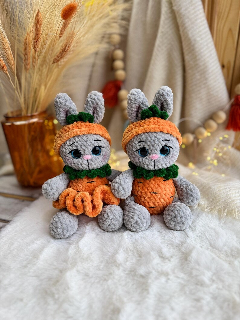 Crochet Bunny Decor in Carrot Outfit, Handmade Rabbit Ornament, Easter Bunny Decoration, Spring Shelf Decor, Bunny Lover Gift