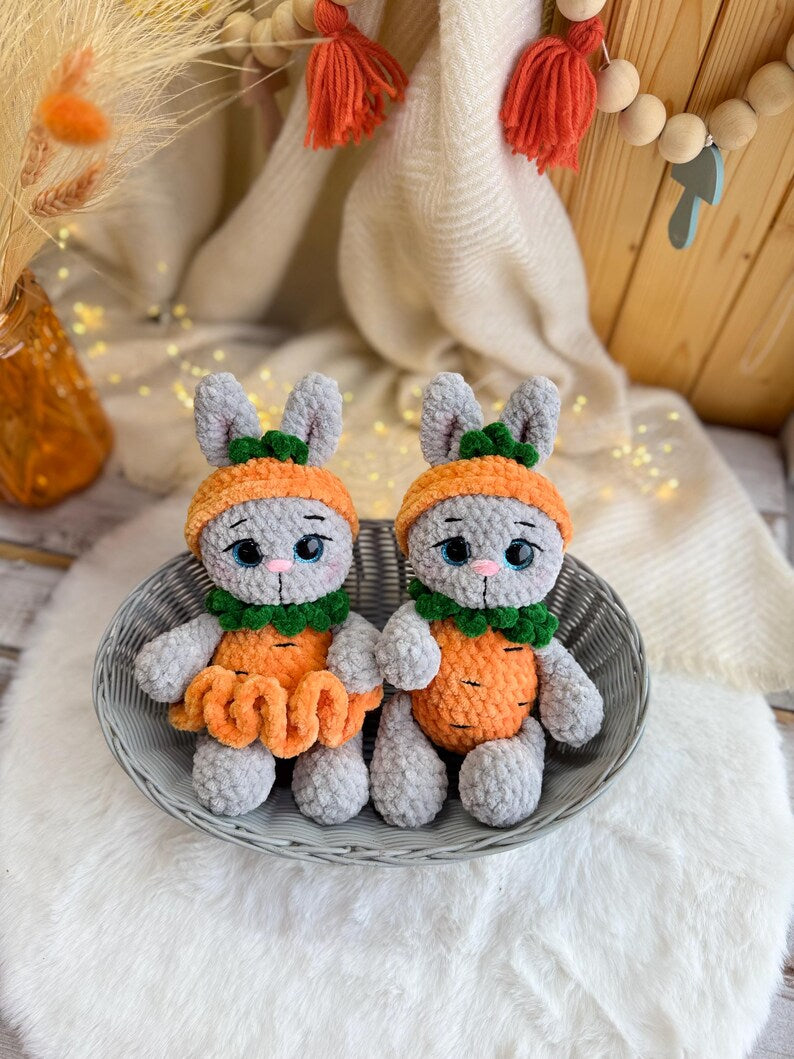 Crochet Bunny Decor in Carrot Outfit, Handmade Rabbit Ornament, Easter Bunny Decoration, Spring Shelf Decor, Bunny Lover Gift
