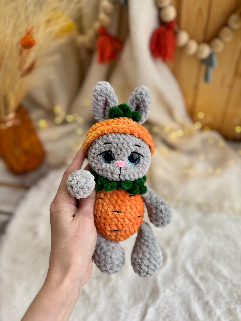 Crochet Bunny Decor in Carrot Outfit, Handmade Rabbit Ornament, Easter Bunny Decoration, Spring Shelf Decor, Bunny Lover Gift