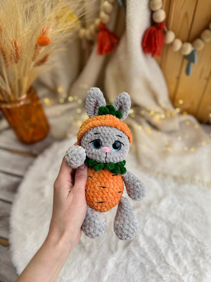 Crochet Bunny Decor in Carrot Outfit, Handmade Rabbit Ornament, Easter Bunny Decoration, Spring Shelf Decor, Bunny Lover Gift