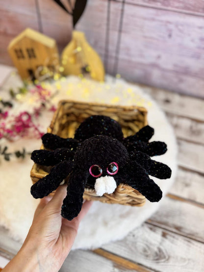 Crochet Black Spider Decor, Glitter Gothic Collectible, Halloween Shelf Decor, Spooky Desk Accessory, Handmade Gift