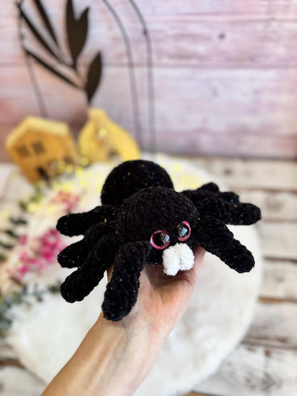 Crochet Black Spider Decor, Glitter Gothic Collectible, Halloween Shelf Decor, Spooky Desk Accessory, Handmade Gift