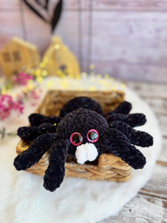 Crochet Black Spider Decor, Glitter Gothic Collectible, Halloween Shelf Decor, Spooky Desk Accessory, Handmade Gift