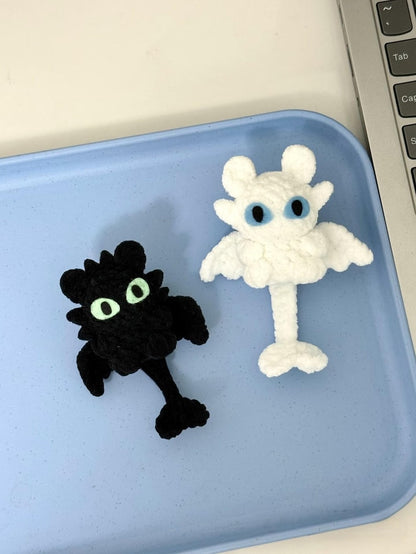Handmade Crochet Dragon Keychain – Black & Light Dragon Plush, Couple keychain, Dragon Toy – Cute Handmade Dragon – Dragon Lover Gift