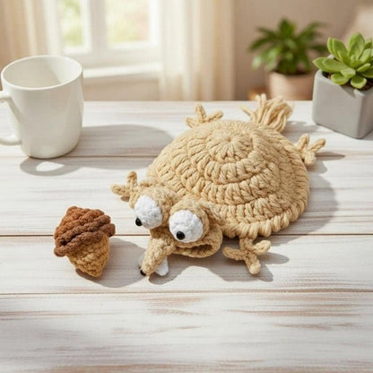 Crochet Scrat Squirrel Coaster Set, Ice Age Inspired Mug Rug, Cotton Yarn Desk DecorCoaster Decor, Cute Gift, Unique Gift for Her