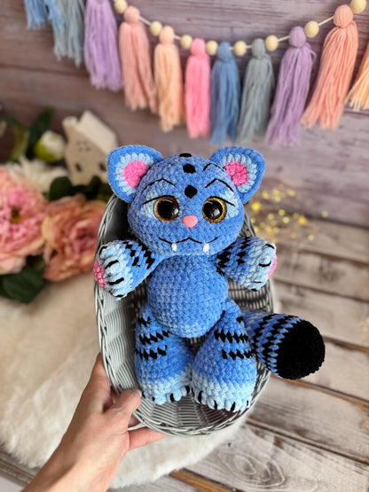 Fantasy Blue Tiger Decor, Crochet Tiger Ornament, Handmade Fantasy Animal Collectible, Shelf Decor, Tiger Lover Gift