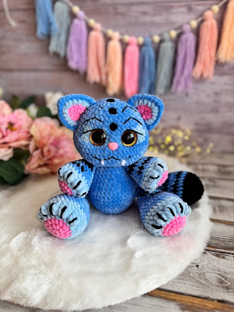 Fantasy Blue Tiger Decor, Crochet Tiger Ornament, Handmade Fantasy Animal Collectible, Shelf Decor, Tiger Lover Gift