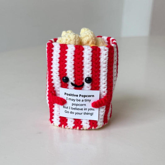 Funny Positive Popcorn, Knitted Popcorn With Positive Card, Cute Wool Inspirational Popcorn Crochet Food Doll Cheer Up Gifts, Birthday Gift