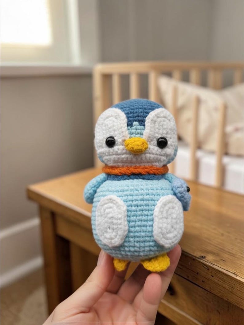Blue Crochet Penguin Plushie with Scarf, Handmade Amigurumi Toy
