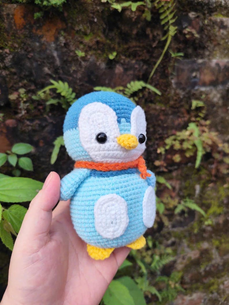 Blue Crochet Penguin Plushie with Scarf, Handmade Amigurumi Toy