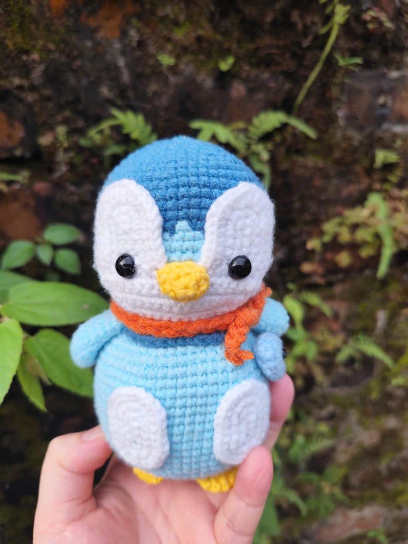 Blue Crochet Penguin Plushie with Scarf, Handmade Amigurumi Toy