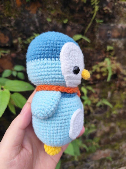 Blue Crochet Penguin Plushie with Scarf, Handmade Amigurumi Toy