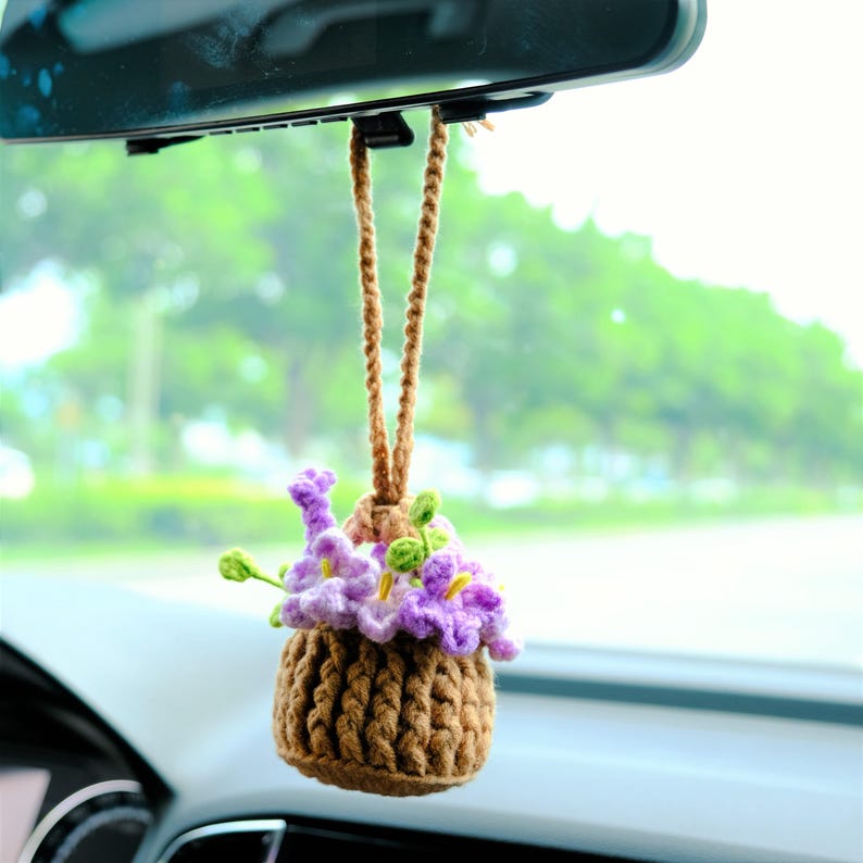 Crochet Forget Me Not Rearview Mirror Accessories, Blue/Purple Flower Basket Car Mirror Hanging Accessories, Cute Car Accessories for Women