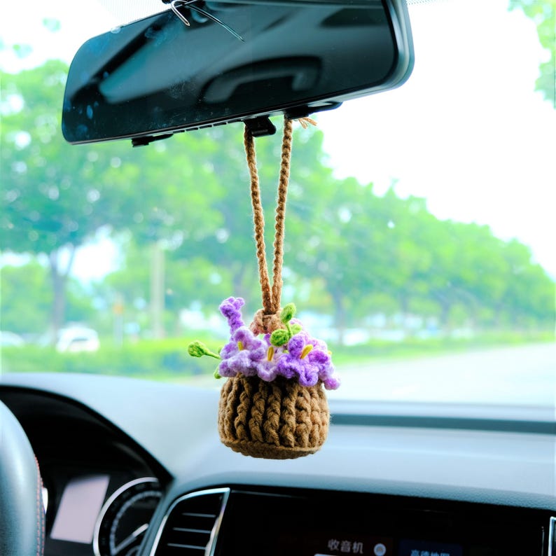 Crochet Forget Me Not Rearview Mirror Accessories, Blue/Purple Flower Basket Car Mirror Hanging Accessories, Cute Car Accessories for Women