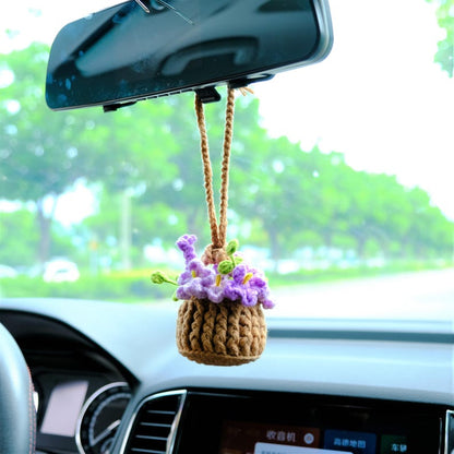 Crochet Forget Me Not Rearview Mirror Accessories, Blue/Purple Flower Basket Car Mirror Hanging Accessories, Cute Car Accessories for Women