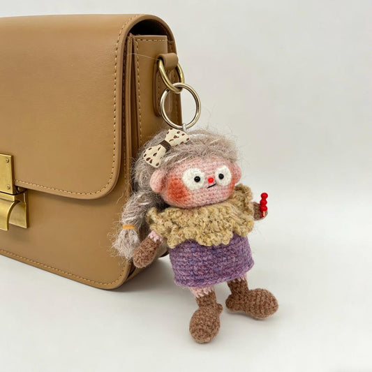 Artisan yarn knit figurine charm, tabletop decorative statuette, purse ornamental trim, everyday carry side piece, Yuletide seasonal decor