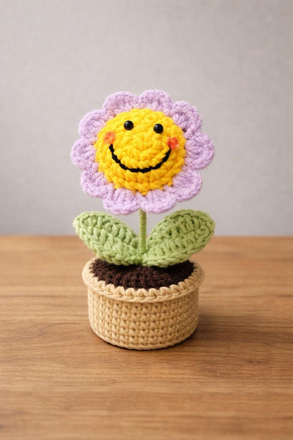 Crochet Smiling Flower Pot – Handmade Desk Decor Gift