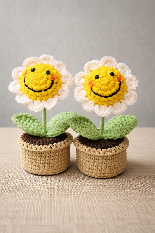 Crochet Smiling Flower Pot – Handmade Desk Decor Gift