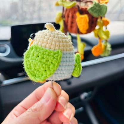 Crochet Parrot Car Hanging Ornament with Ginkgo Leaf, Handmade Rearview Mirror Charm, Plant Hanging Decor Gift