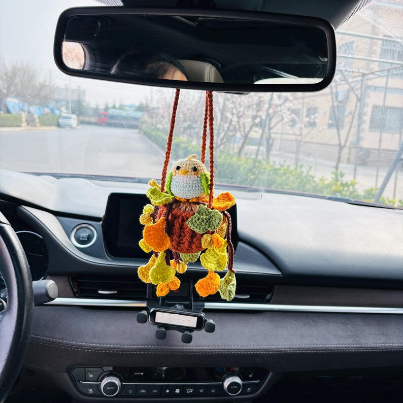 Crochet Parrot Car Hanging Ornament with Ginkgo Leaf, Handmade Rearview Mirror Charm, Plant Hanging Decor Gift