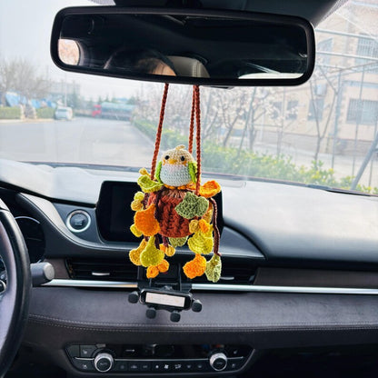 Crochet Parrot Car Hanging Ornament with Ginkgo Leaf, Handmade Rearview Mirror Charm, Plant Hanging Decor Gift
