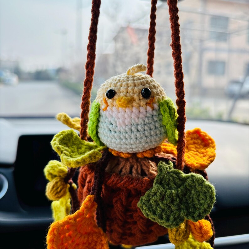 Crochet Parrot Car Hanging Ornament with Ginkgo Leaf, Handmade Rearview Mirror Charm, Plant Hanging Decor Gift