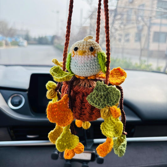 Crochet Parrot Car Hanging Ornament with Ginkgo Leaf, Handmade Rearview Mirror Charm, Plant Hanging Decor Gift