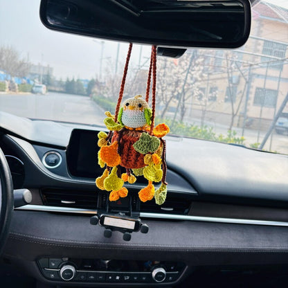 Crochet Parrot Car Hanging Ornament with Ginkgo Leaf, Handmade Rearview Mirror Charm, Plant Hanging Decor Gift