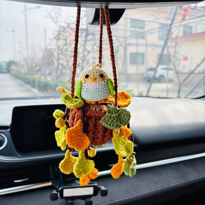 Crochet Parrot Car Hanging Ornament with Ginkgo Leaf, Handmade Rearview Mirror Charm, Plant Hanging Decor Gift