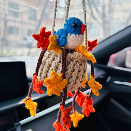Crochet Car Hanging Ornament Bird Maple Leaf Flower, Handmade Rearview Mirror Charm, Fall Car Decor Gift
