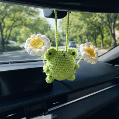 Crochet Frog Car Hanging Ornament with Daisy Flowers, Handmade Rearview Mirror Charm, Cute Car Decor Gift