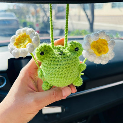 Crochet Frog Car Hanging Ornament with Daisy Flowers, Handmade Rearview Mirror Charm, Cute Car Decor Gift