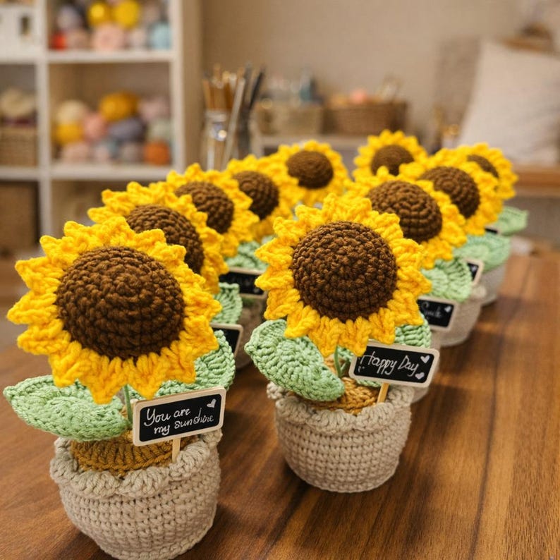 Handmade Crochet Sunflower Pot - Milk Yarn Bouquet Gift Mom, Encouragement Daily Positive Affirmations