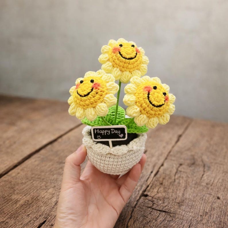 Handmade Crochet Sunflower Pot - Milk Yarn Bouquet Gift Mom, Encouragement Daily Positive Affirmations