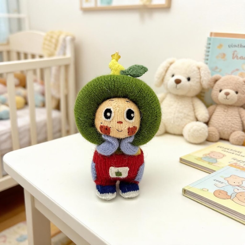 Artisan knit green apple figurine, nursery ornamental piece, birthday milestone memento, hobbyist showcase treasure, Yuletide home adornment