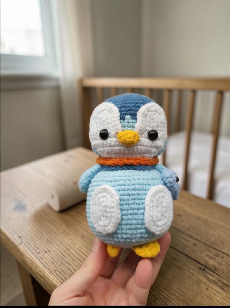 Blue Crochet Penguin Plushie with Scarf, Handmade Amigurumi Toy