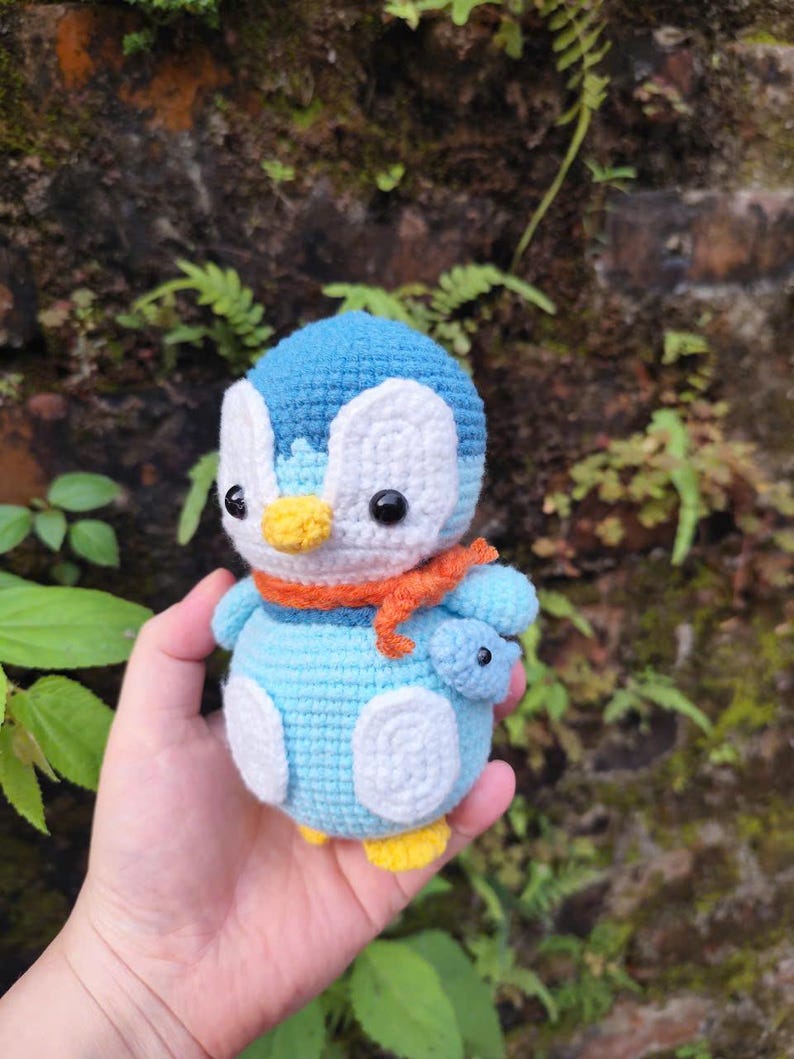 Blue Crochet Penguin Plushie with Scarf, Handmade Amigurumi Toy