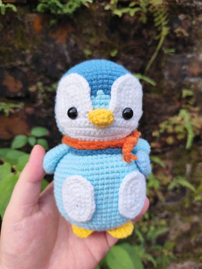 Blue Crochet Penguin Plushie with Scarf, Handmade Amigurumi Toy