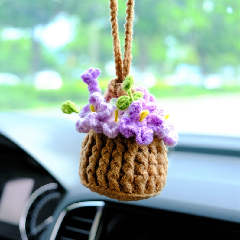 Crochet Forget Me Not Rearview Mirror Accessories, Blue/Purple Flower Basket Car Mirror Hanging Accessories, Cute Car Accessories for Women