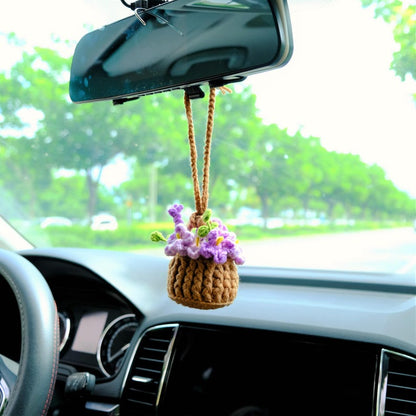 Crochet Forget Me Not Rearview Mirror Accessories, Blue/Purple Flower Basket Car Mirror Hanging Accessories, Cute Car Accessories for Women