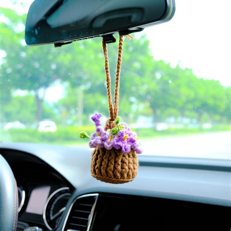 Crochet Forget Me Not Rearview Mirror Accessories, Blue/Purple Flower Basket Car Mirror Hanging Accessories, Cute Car Accessories for Women