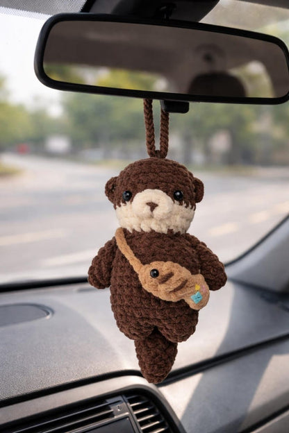 Cute Crochet Otter Car Hanging - Otter Amigurumi Mirror Charm, New Driver Gift, Handmade Car Mirror Ornament