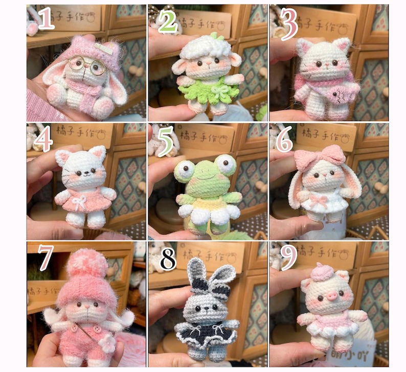 Crochet Cute Animal Set, Handmade Amigurumi Plush, Crochet Cute Bunny, Kitty Cat, Pig, Frog, Sheep, Crochet Animal Keychain, Gift For Her