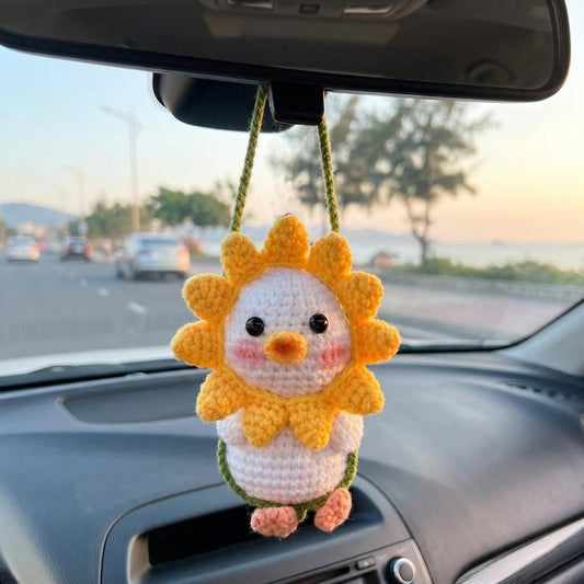 Sunflower Duck Crochet Car Hanging | Handmade Amigurumi Duck Rearview Mirror Charm, Cute Car Accessory, Car Interior Gift, Gift for Her