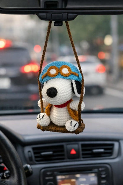Crochet Pilot Beagle Car Charm, Rearview Mirror Hanging, Amigurumi Puppy Car Decor, Cute Plush Keychain, Gift for Her